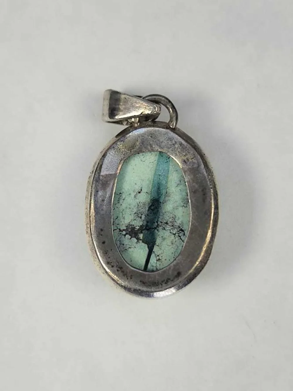 Vintage Sterling Silver Green Turquoise Oval Cabochon Pendant 1.25”